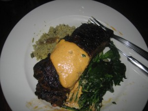Red Chile Rubbed NY Strip Steak with chipotle-grapefruit hollandaise (Napoleon Dynamite 2004). 